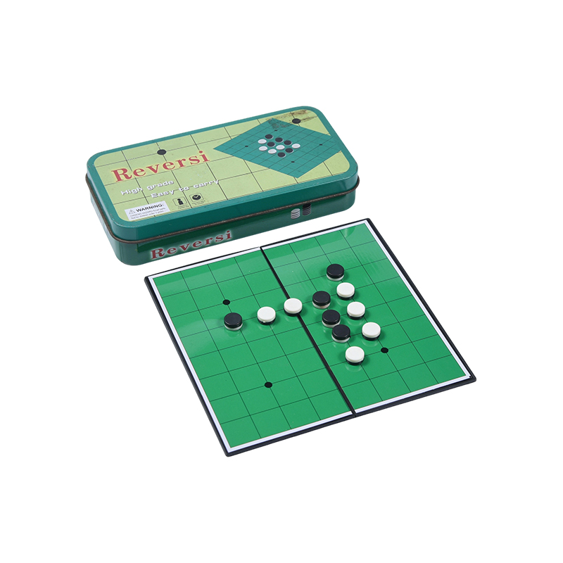 Przenośna gra Reversi (Othello) w zielonej metalowej blaszanej obudowie