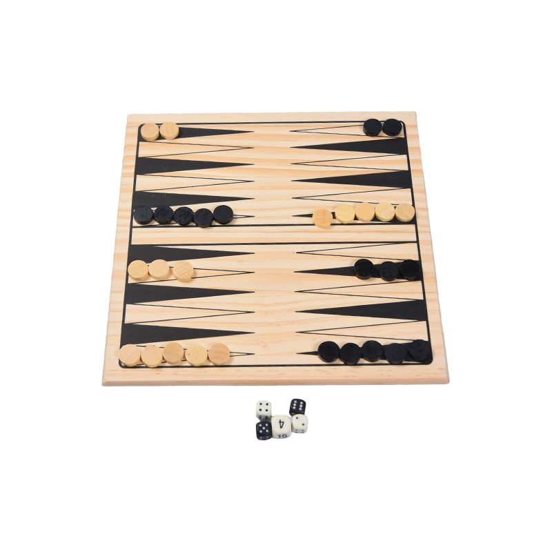 Drewniany zestaw gier w klasycznym i kolorowym opakowaniu. Klasyczna gra planszowa Backgammon