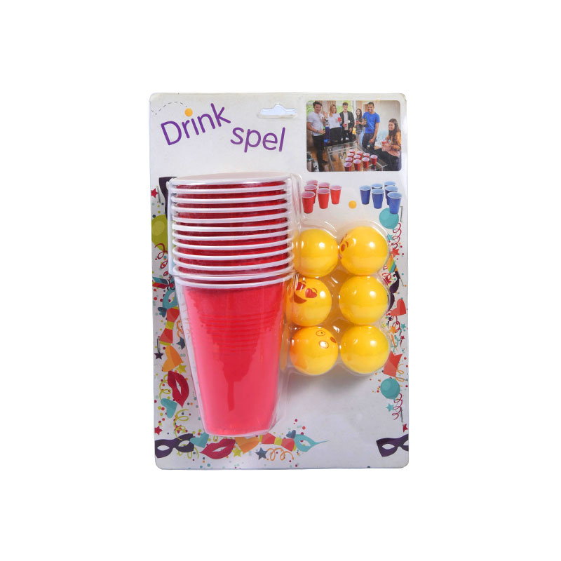 Zestaw gier towarzyskich „Drink Spel” — zawiera czerwone kubki i żółte piłki